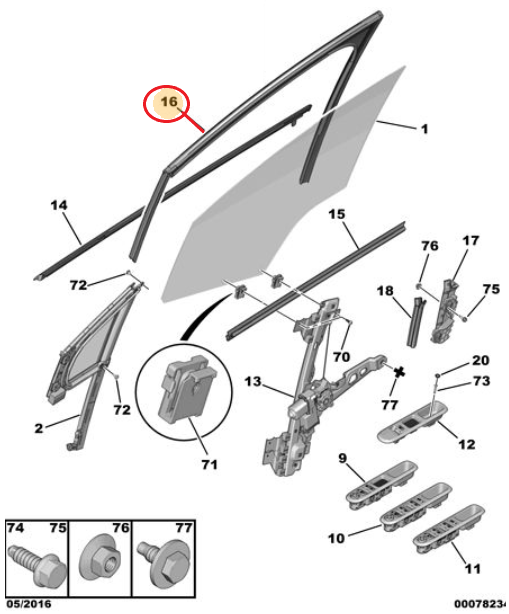 Peugeot 5008 (2009-2016) Sol Ön Kapı Cam Oluğu (Orijinal)
