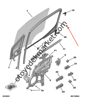 Peugeot Rifter (2019-2024) Sol Ön Kapı Cam Çerçeve Oluk Fitili (Orijinal)