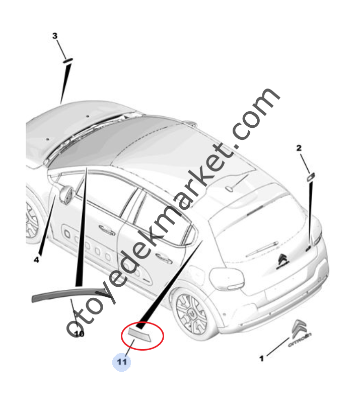 Citroen C3 (2017-2024) Sağ Arka Direk Yapışkan Süs Bandı (Siyah) (Orijinal)