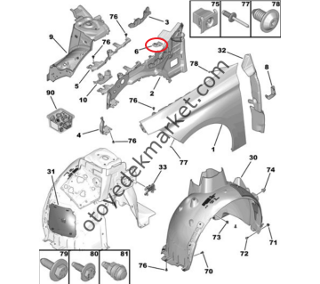 Peugeot 408 (2023-2024) Sağ Ön Çamurluk Üst Bağlantı Ayağı (Orijinal)