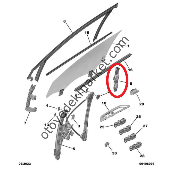 Peugeot 3008 (2016-2023) Sol Ön Kapının Arka Cam Kılavuz Kızağı (Orijinal)