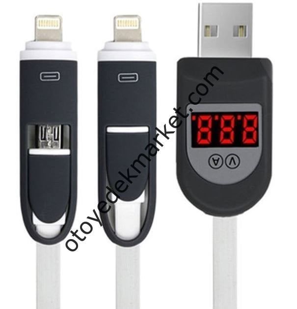 Space Voltaj Göstergeli Çok Fonksiyonlu Mikrofonlu USB'li Şarj Kablosu