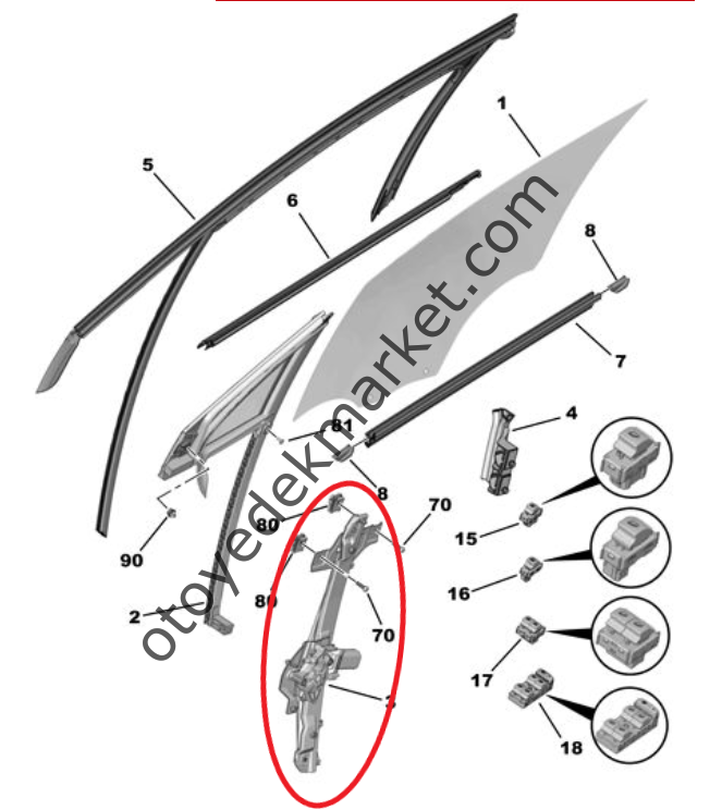 Citroen C3 (2017-2024) Sağ Ön Kapı Cam Kriko Mekanizması (Orijinal)