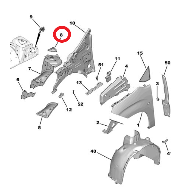 Peugeot Rifter (2019-2025) Ön Çamurluk Kule Takviye Sacı (Orijinal)